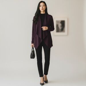 Worth New York Draped Open Front Knit Jacket — Deep Plum / Aubergine SZ M